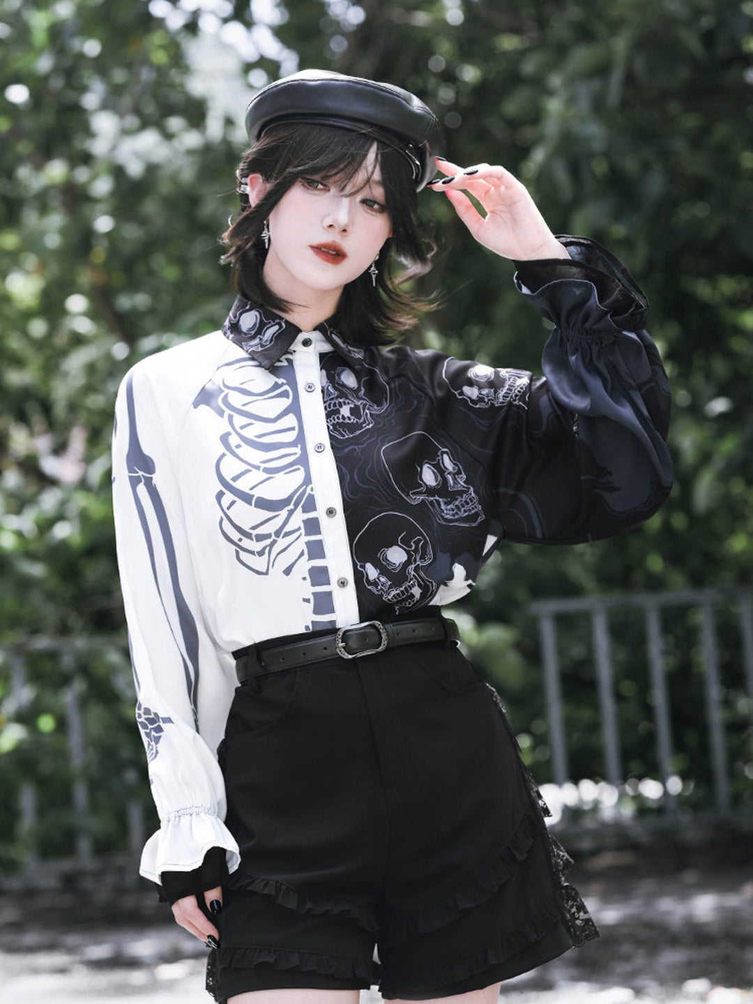 Gothic Skeleton Print Balloon Sleeve Shirt