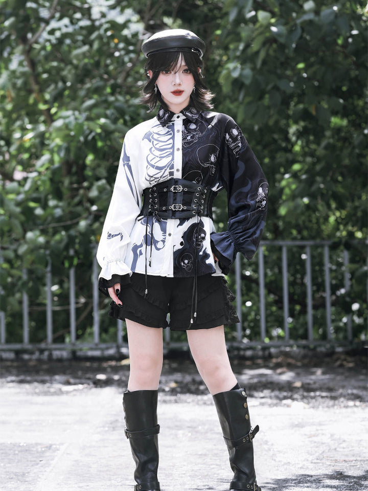 Gothic Skeleton Print Balloon Sleeve Shirt