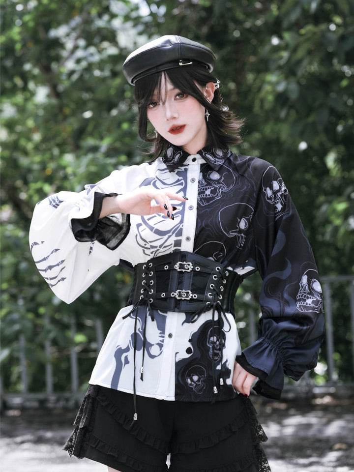 Gothic Skeleton Print Balloon Sleeve Shirt
