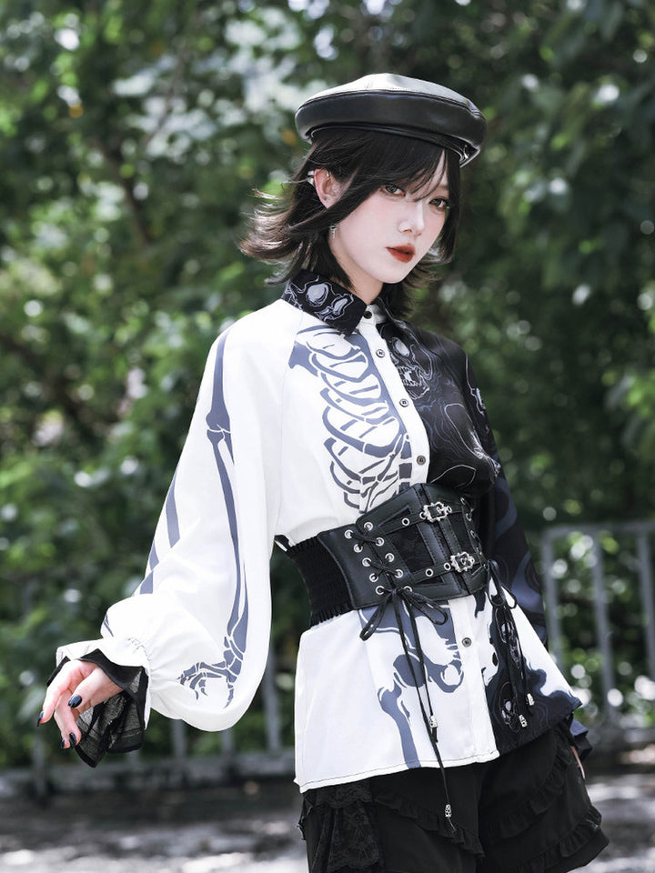 Gothic Skeleton Print Balloon Sleeve Shirt