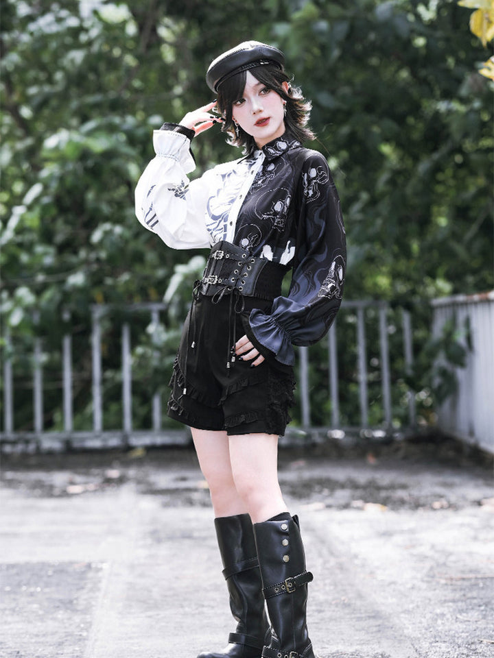 Gothic Skeleton Print Balloon Sleeve Shirt