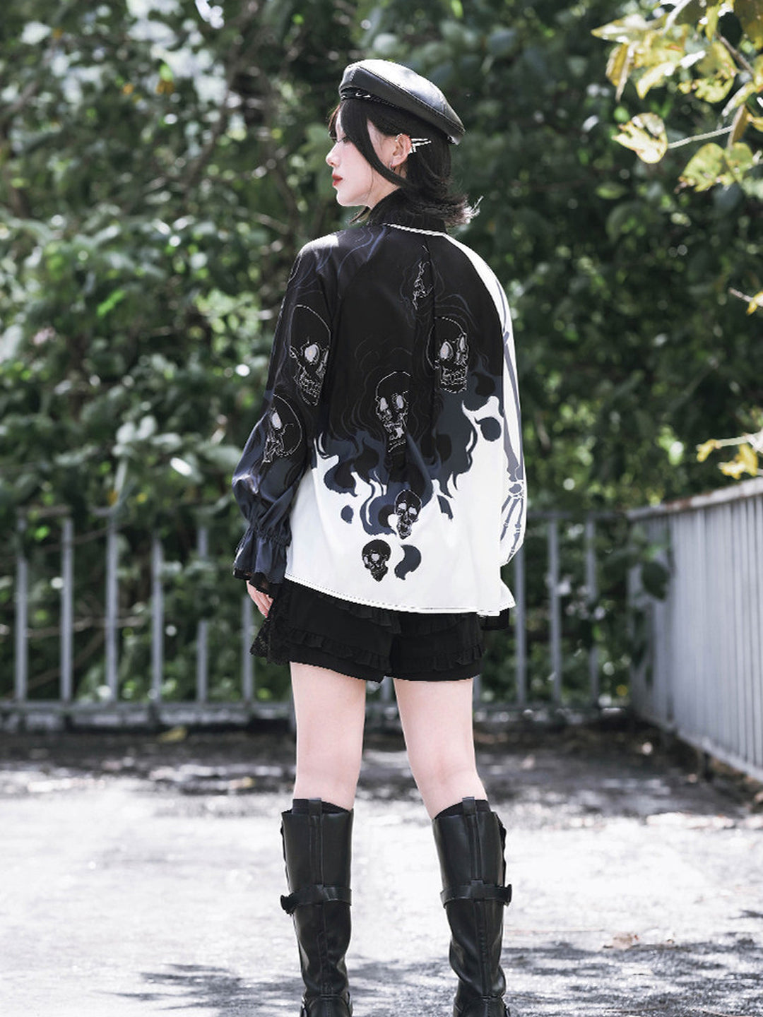 Gothic Skeleton Print Balloon Sleeve Shirt