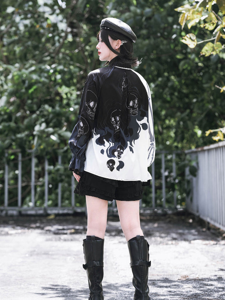 Gothic Skeleton Print Balloon Sleeve Shirt