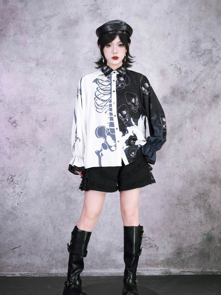 Gothic Skeleton Print Balloon Sleeve Shirt