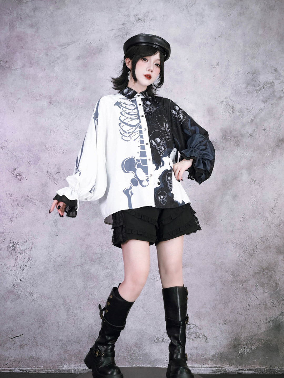 Gothic Skeleton Print Balloon Sleeve Shirt