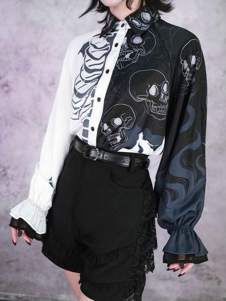 Gothic Skeleton Print Balloon Sleeve Shirt