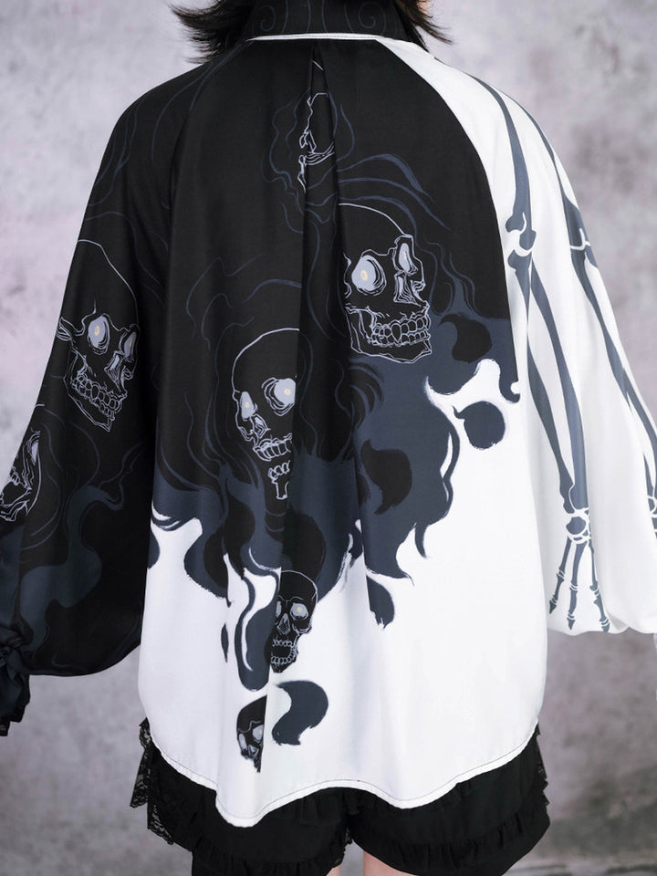 Gothic Skeleton Print Balloon Sleeve Shirt