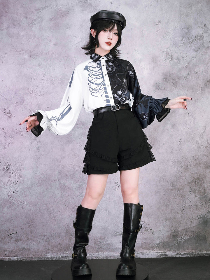 Gothic Skeleton Print Balloon Sleeve Shirt