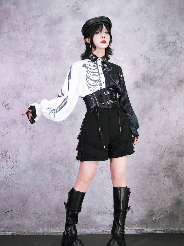 Gothic Skeleton Print Balloon Sleeve Shirt