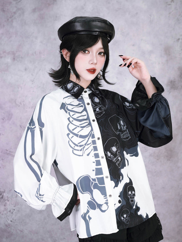 Gothic Skeleton Print Balloon Sleeve Shirt