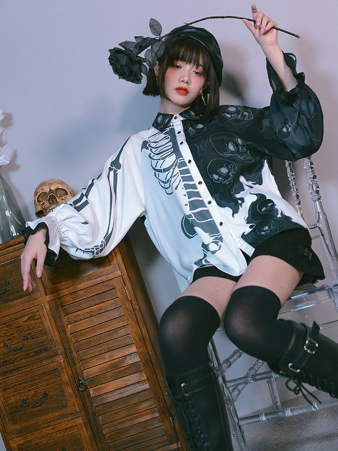 Gothic Skeleton Print Balloon Sleeve Shirt