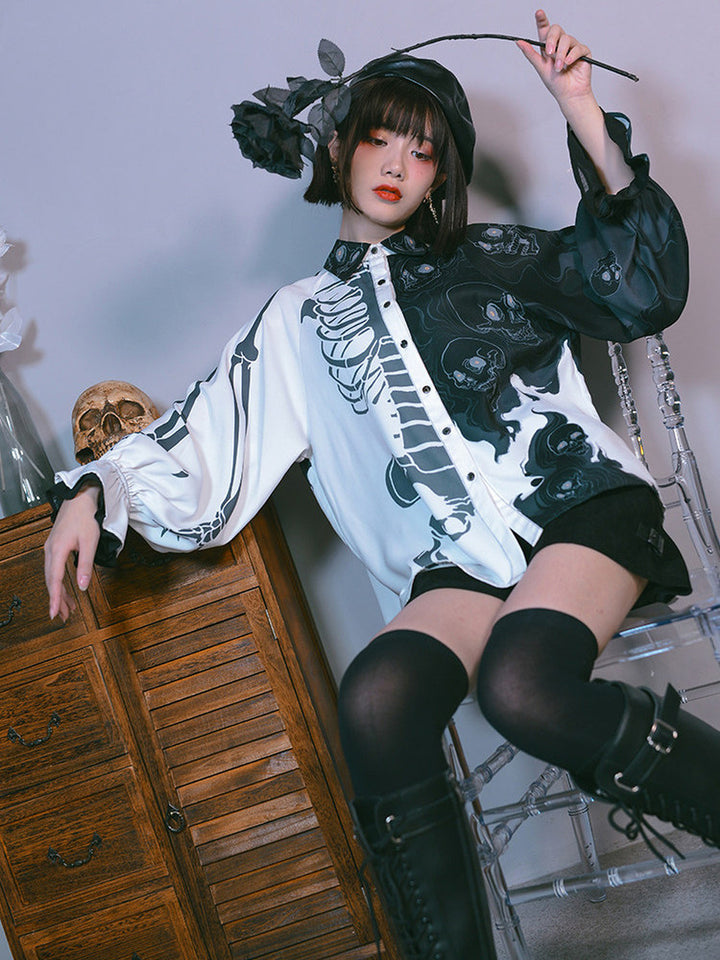 Gothic Skeleton Print Balloon Sleeve Shirt