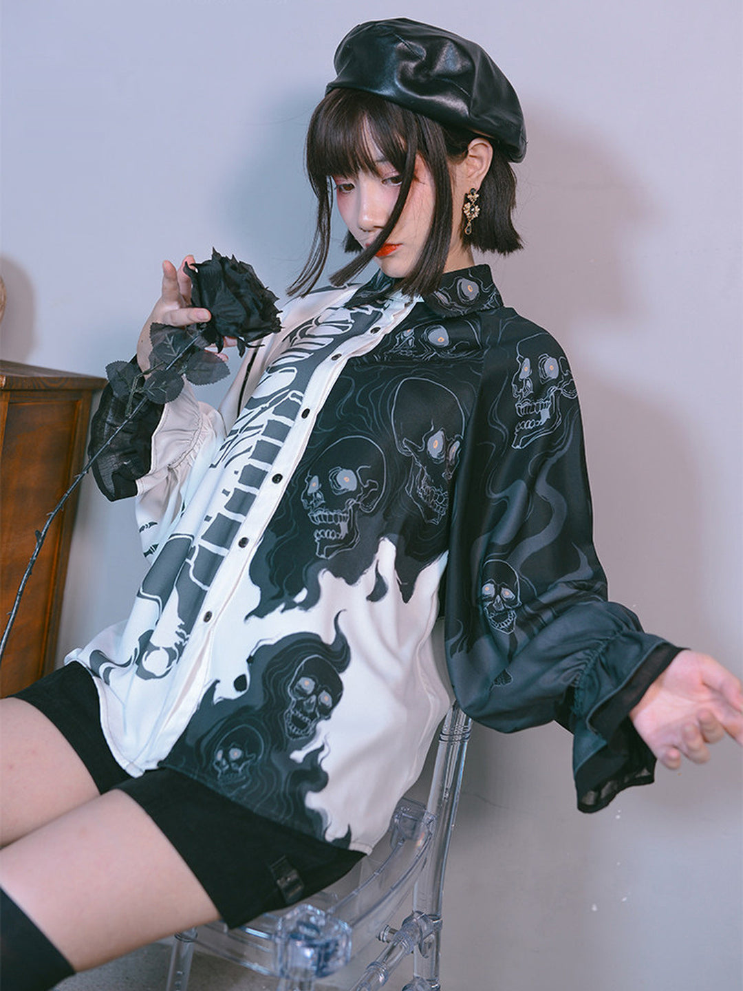 Gothic Skeleton Print Balloon Sleeve Shirt