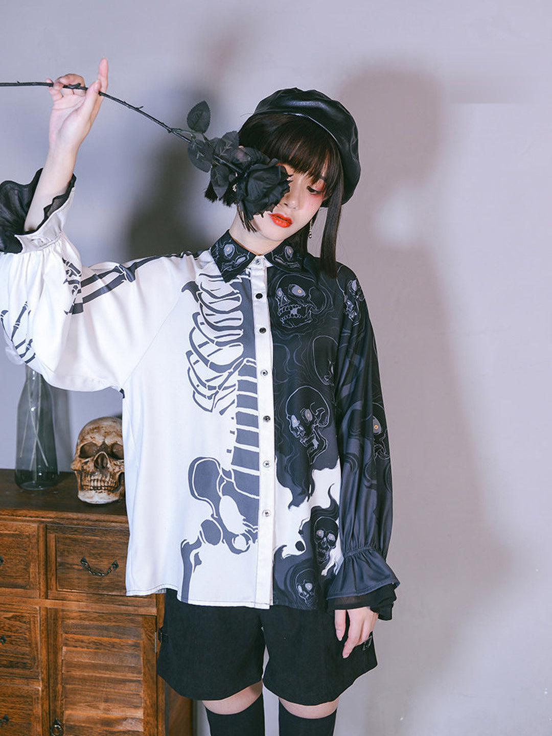 Gothic Skeleton Print Balloon Sleeve Shirt