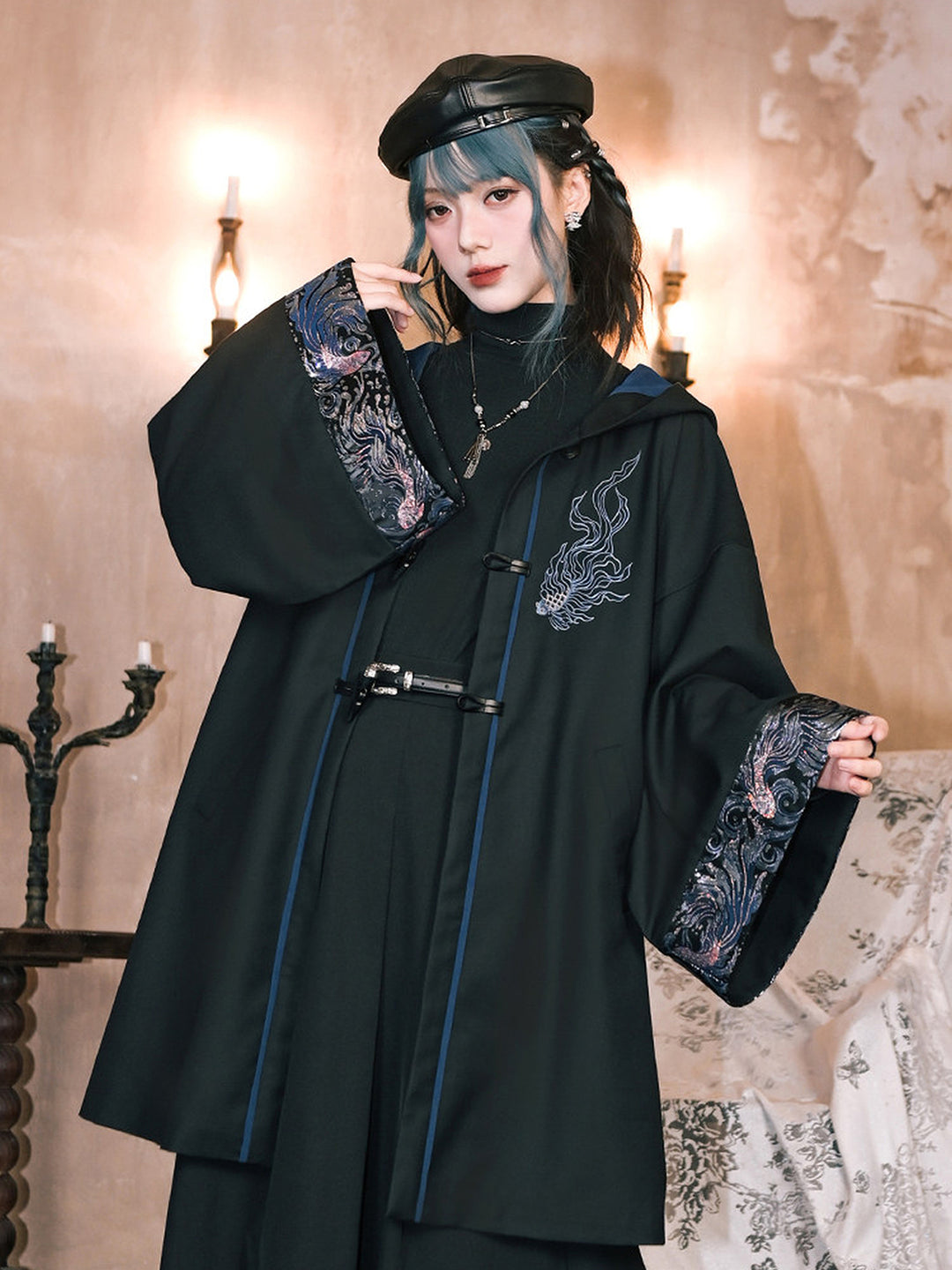 Betta Fish Embroidered Hooded Cape Jacket