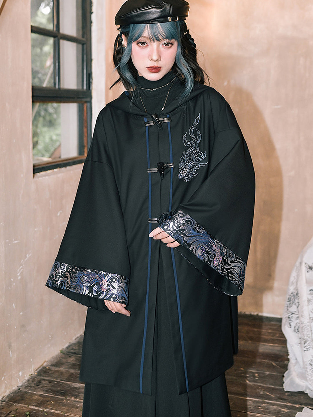 Betta Fish Embroidered Hooded Cape Jacket