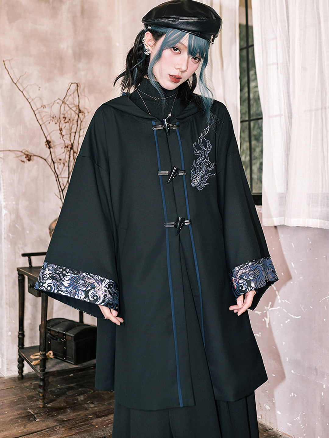 Betta Fish Embroidered Hooded Cape Jacket