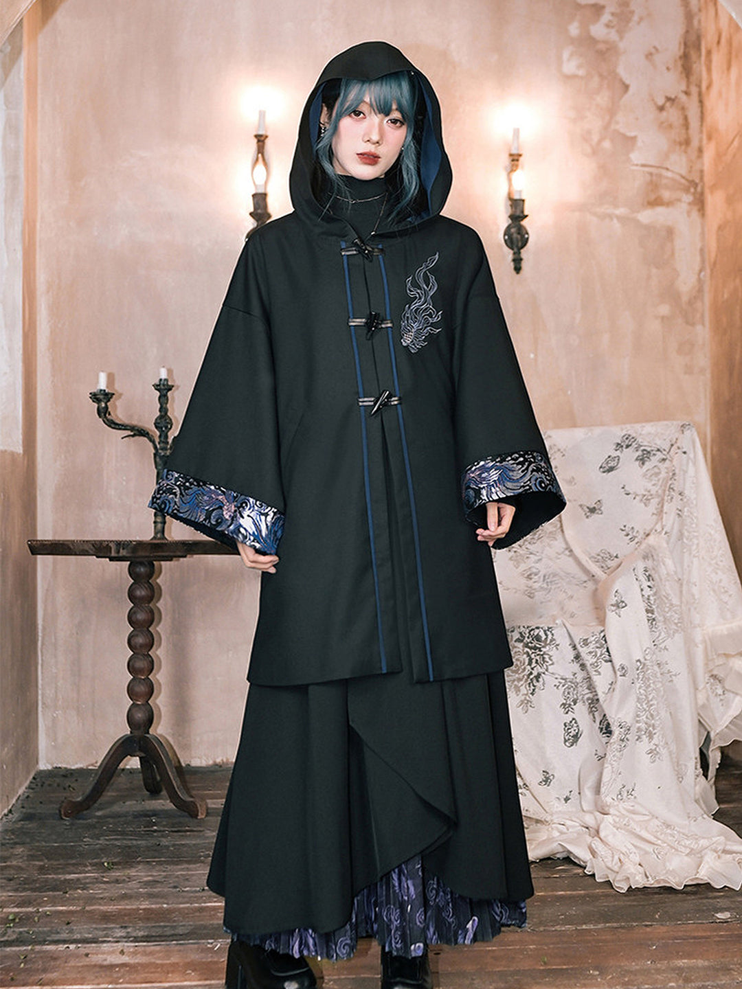 Betta Fish Embroidered Hooded Cape Jacket