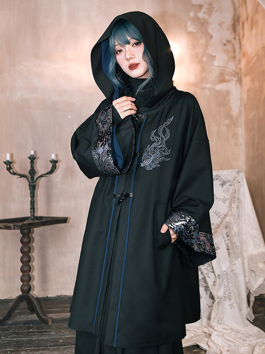 Betta Fish Embroidered Hooded Cape Jacket