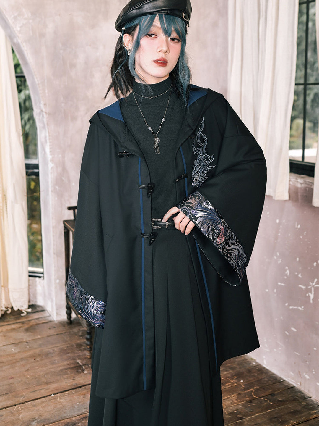 Betta Fish Embroidered Hooded Cape Jacket