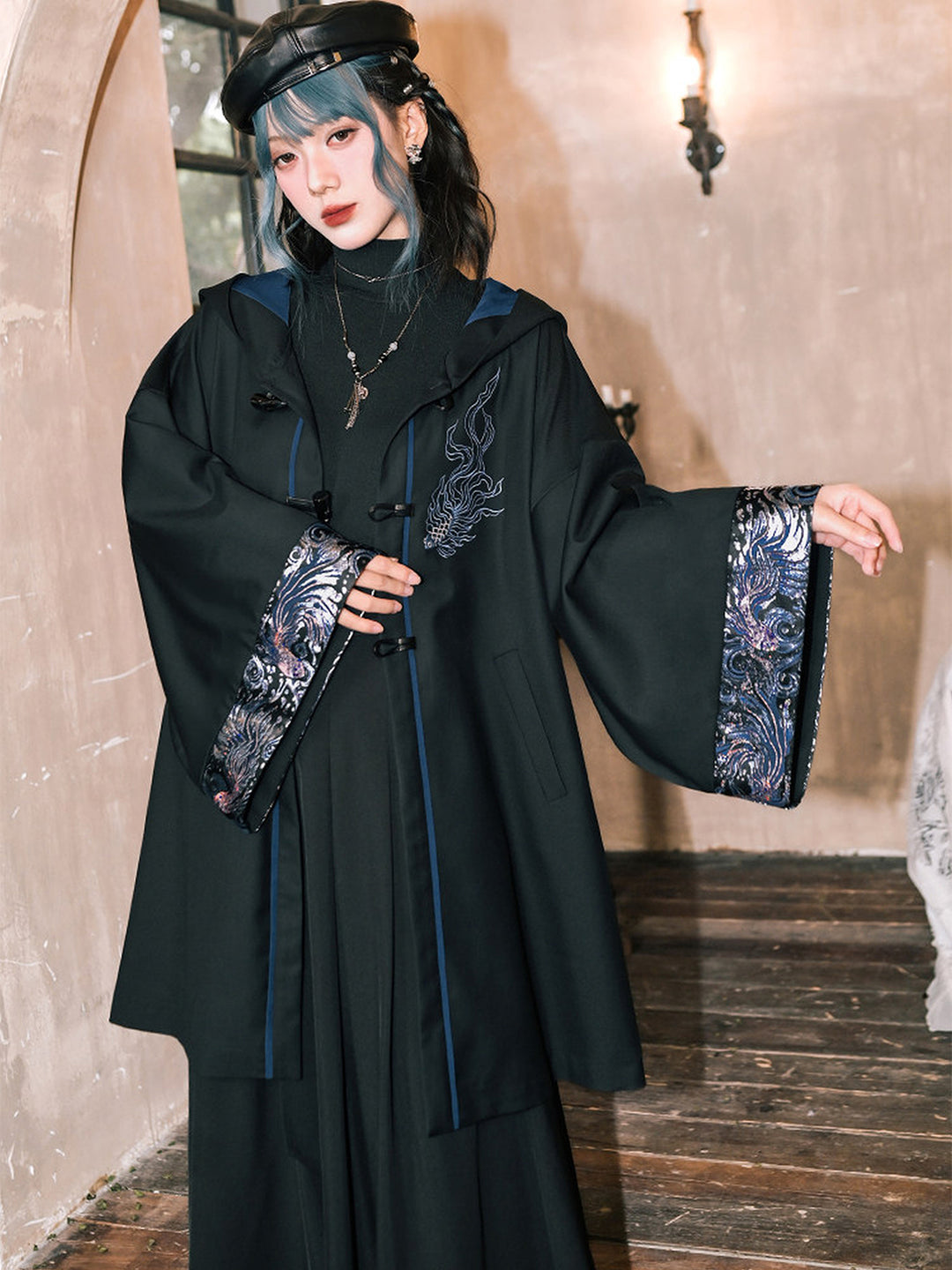 Betta Fish Embroidered Hooded Cape Jacket