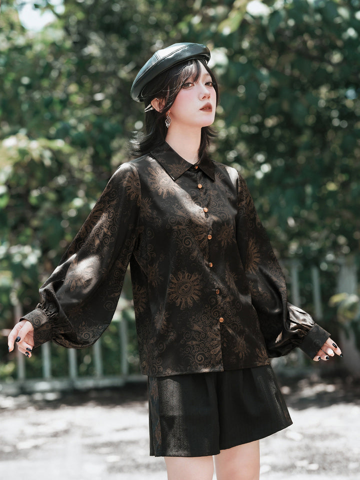 Gothic Mandala Print Balloon Sleeve Shirt