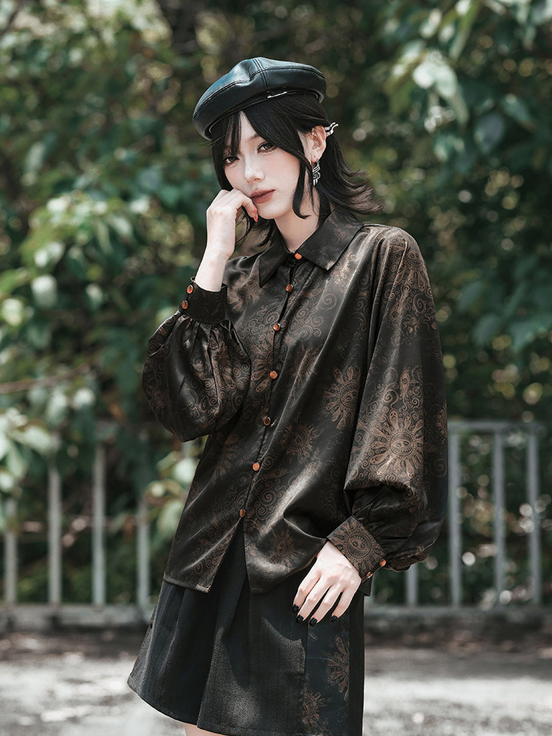 Gothic Mandala Print Balloon Sleeve Shirt