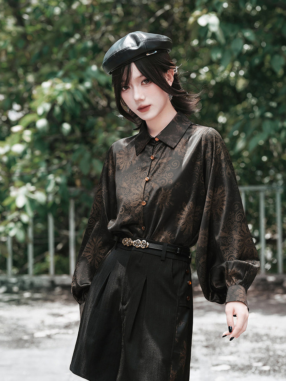 Gothic Mandala Print Balloon Sleeve Shirt