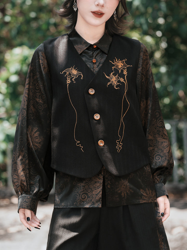 Chinese-Inspired Datura Embroidered Vest