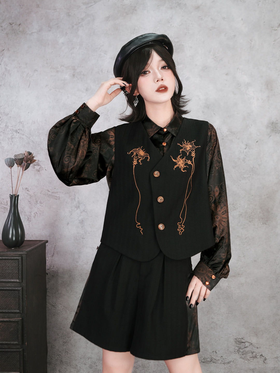 Chinese-Inspired Datura Embroidered Vest