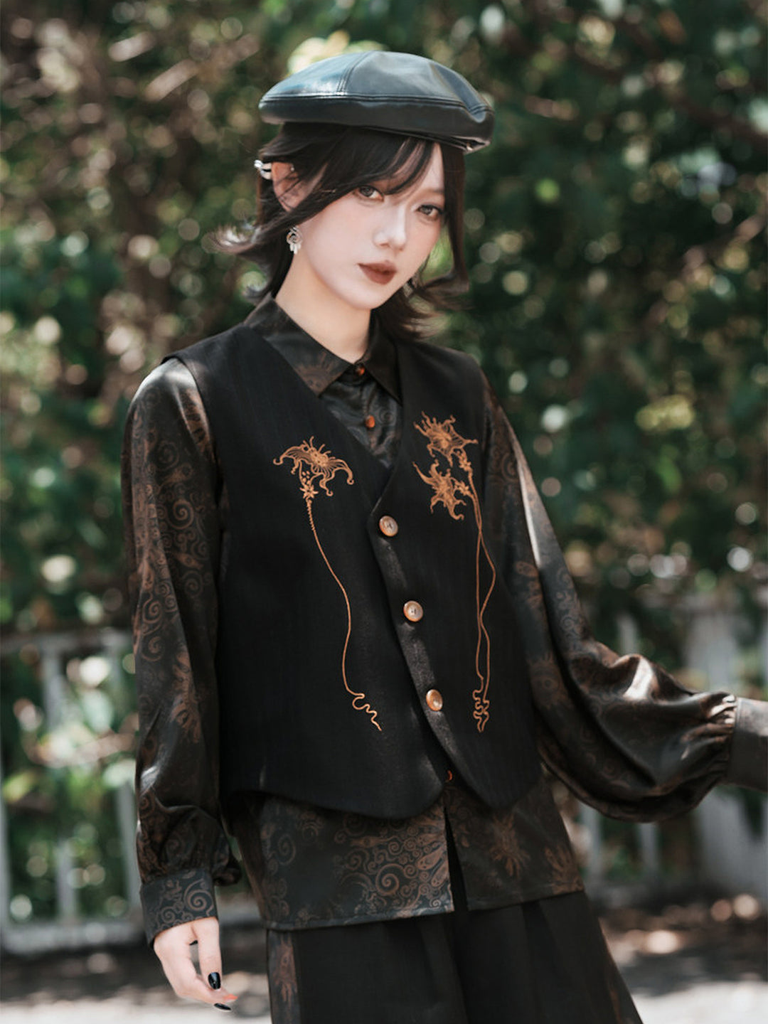 Chinese-Inspired Datura Embroidered Vest