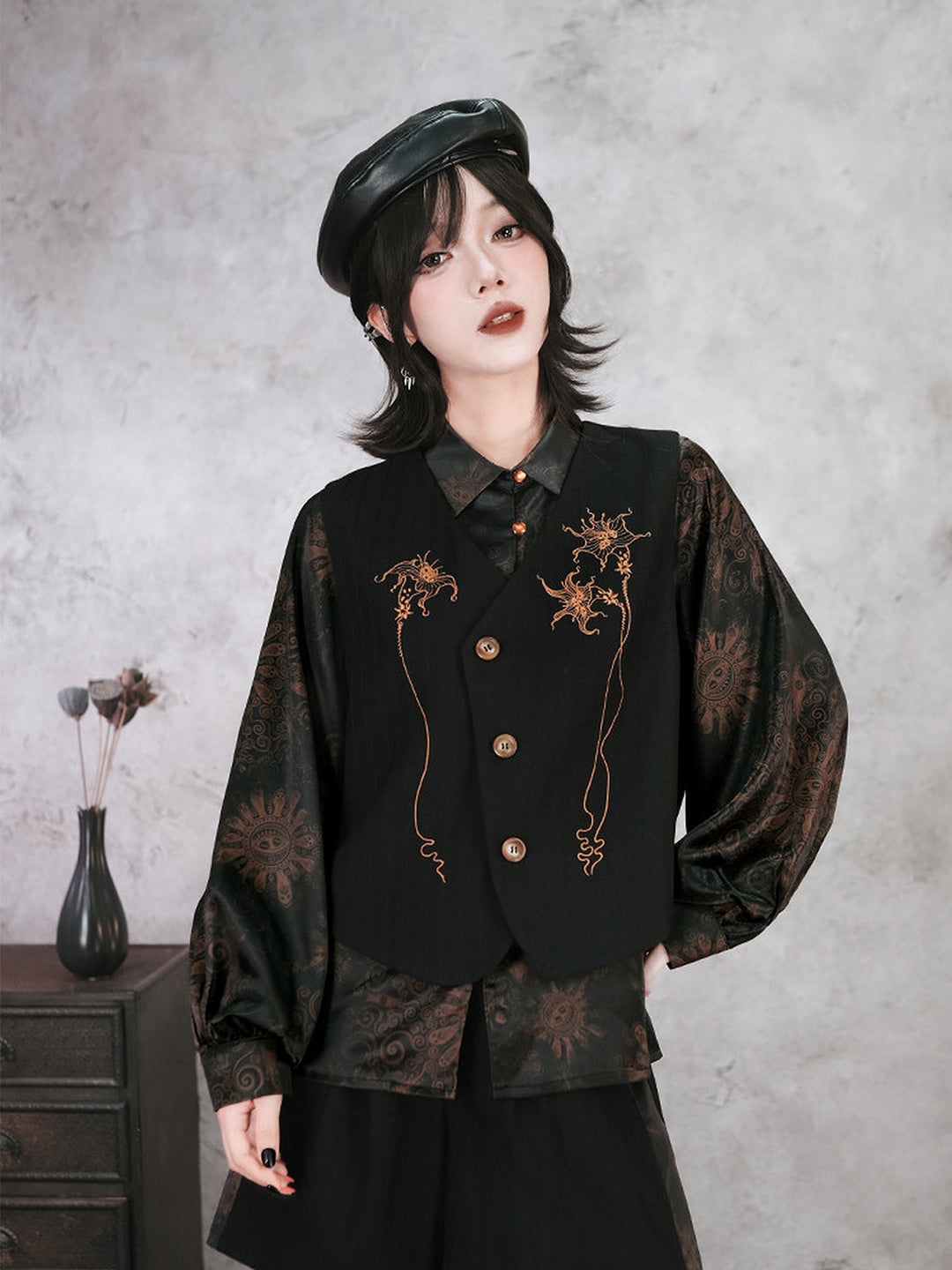 Chinese-Inspired Datura Embroidered Vest