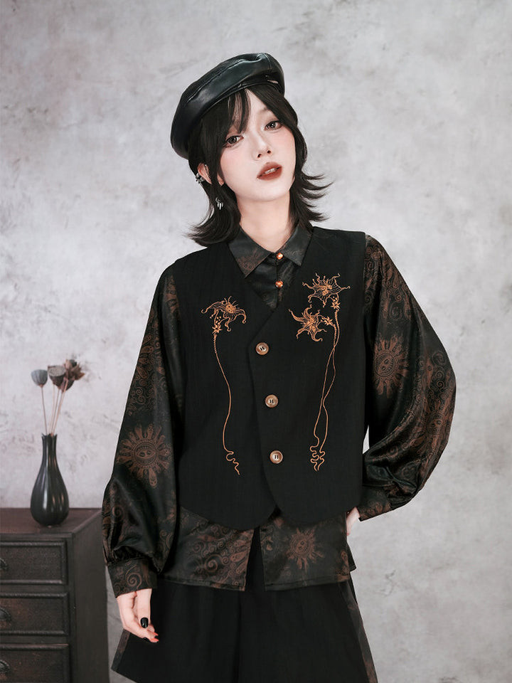 Chinese-Inspired Datura Embroidered Vest