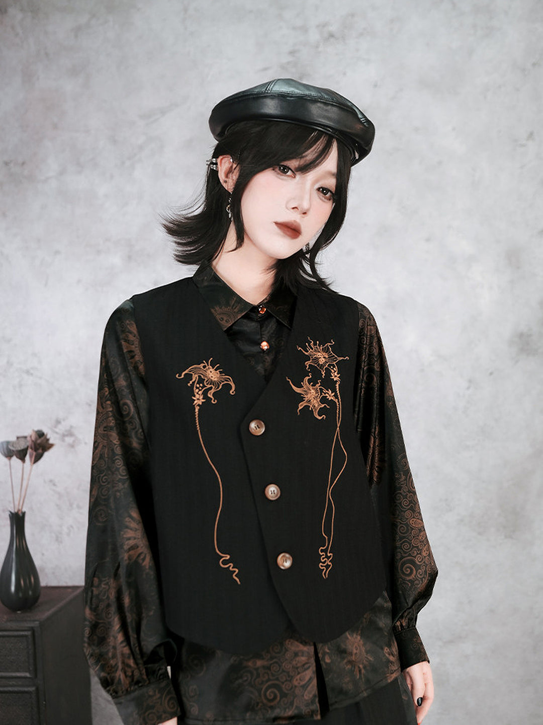 Chinese-Inspired Datura Embroidered Vest