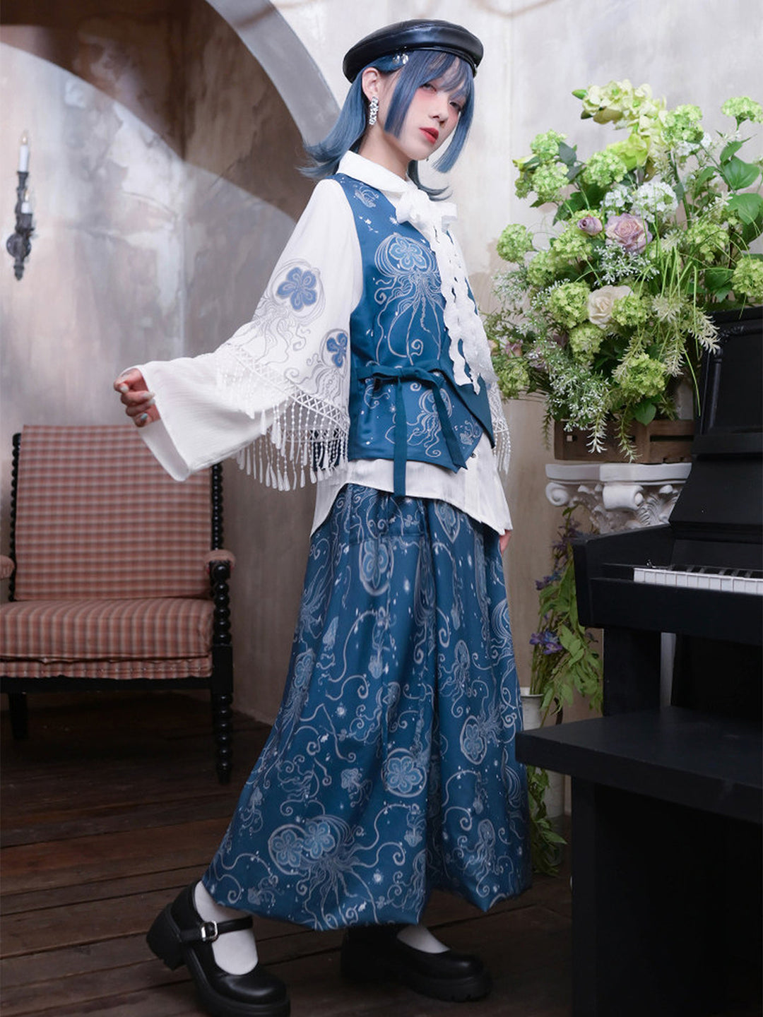 Jellyfish Print Bubble Hem Maxi Skirt