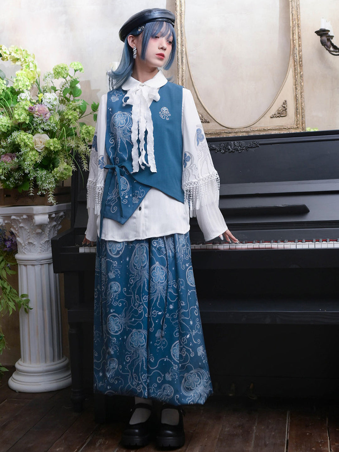Jellyfish Print Bubble Hem Maxi Skirt