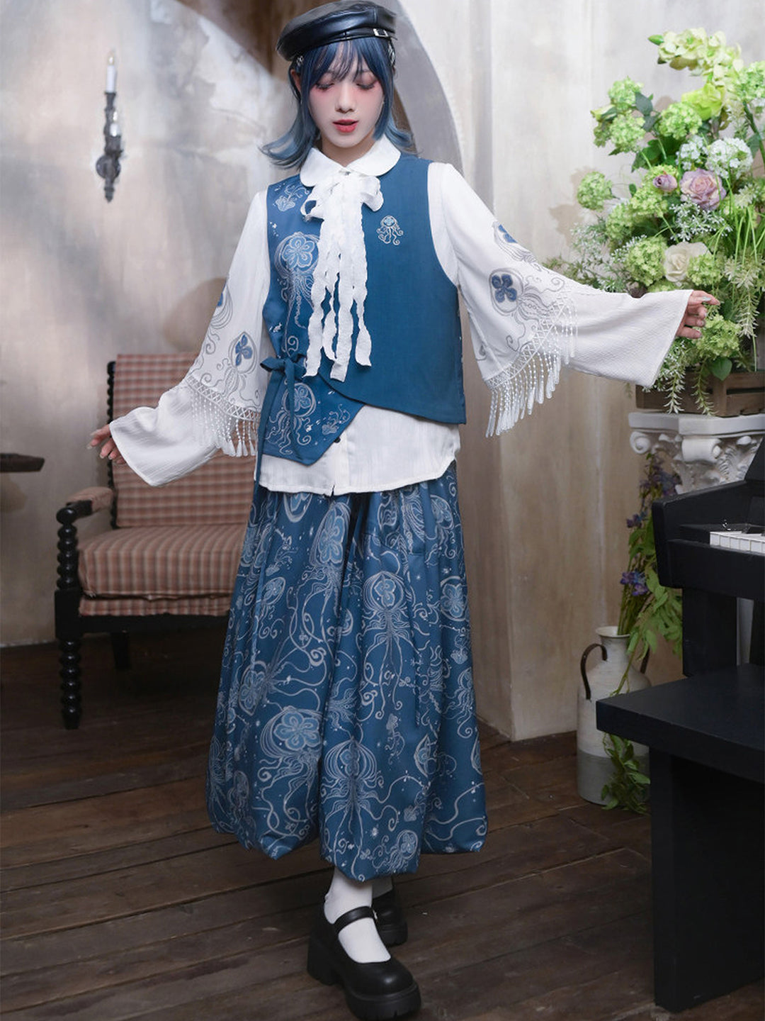 Jellyfish Print Bubble Hem Maxi Skirt