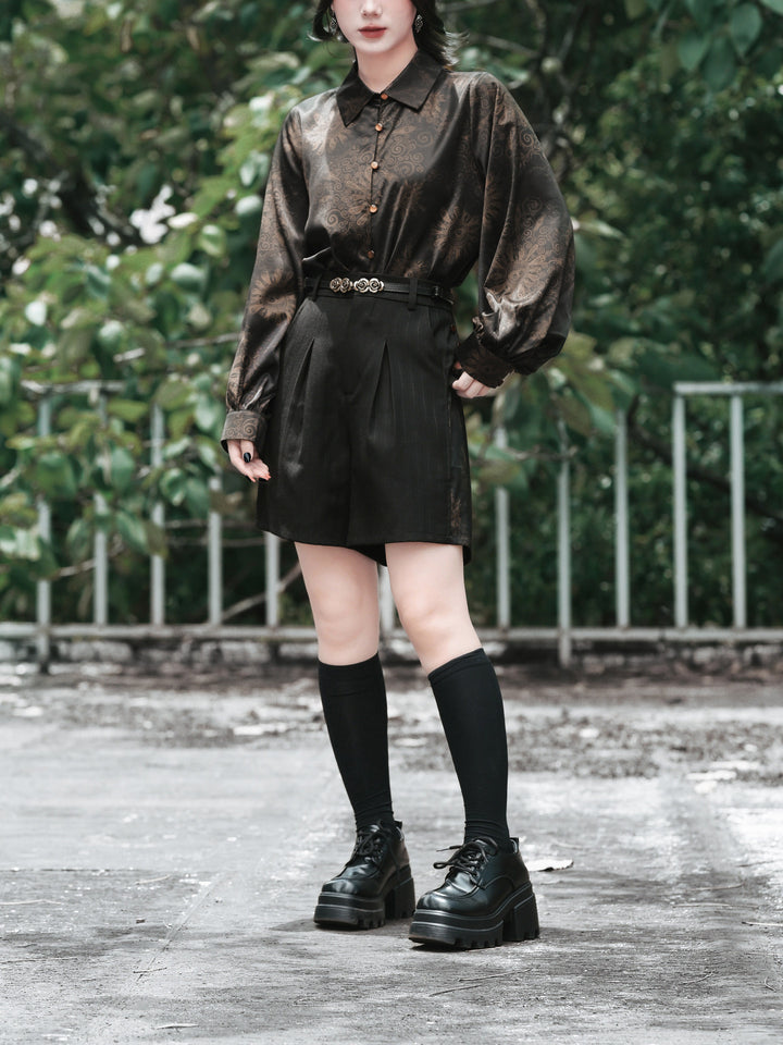 Black Mandala Print Panel Pleated Shorts