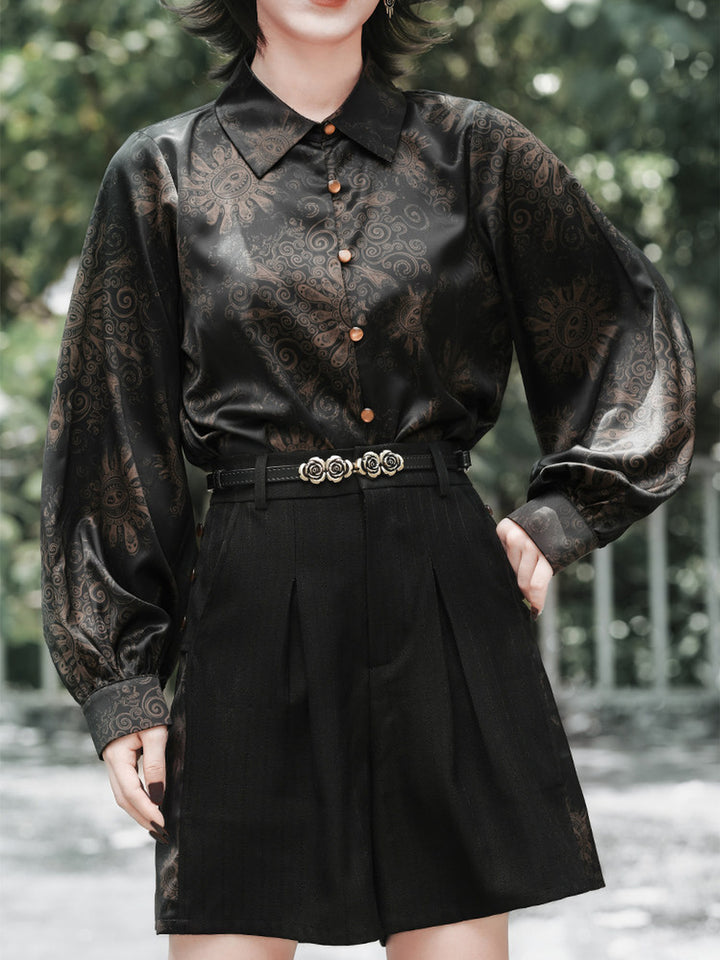 Black Mandala Print Panel Pleated Shorts