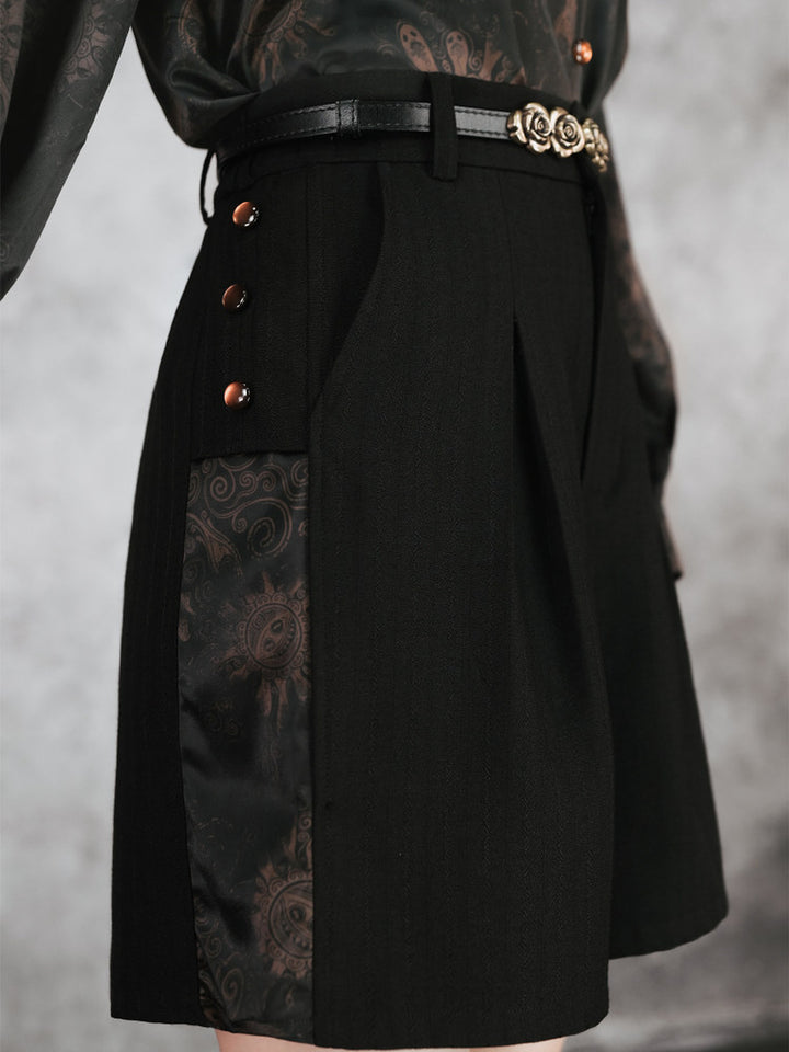Black Mandala Print Panel Pleated Shorts