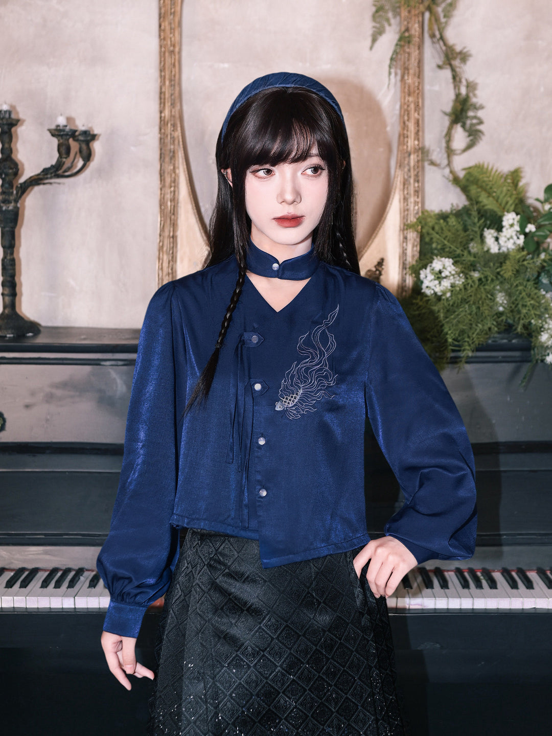 Navy Fish Embroidered Choker-Neck Shirt