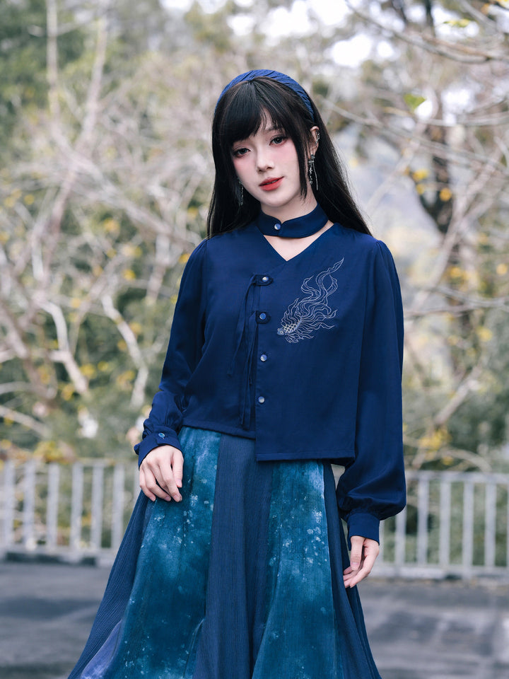 Navy Fish Embroidered Choker-Neck Shirt