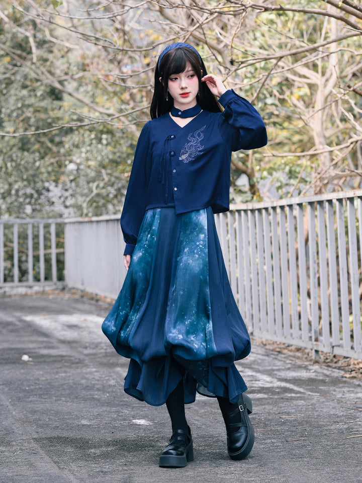Navy Fish Embroidered Choker-Neck Shirt