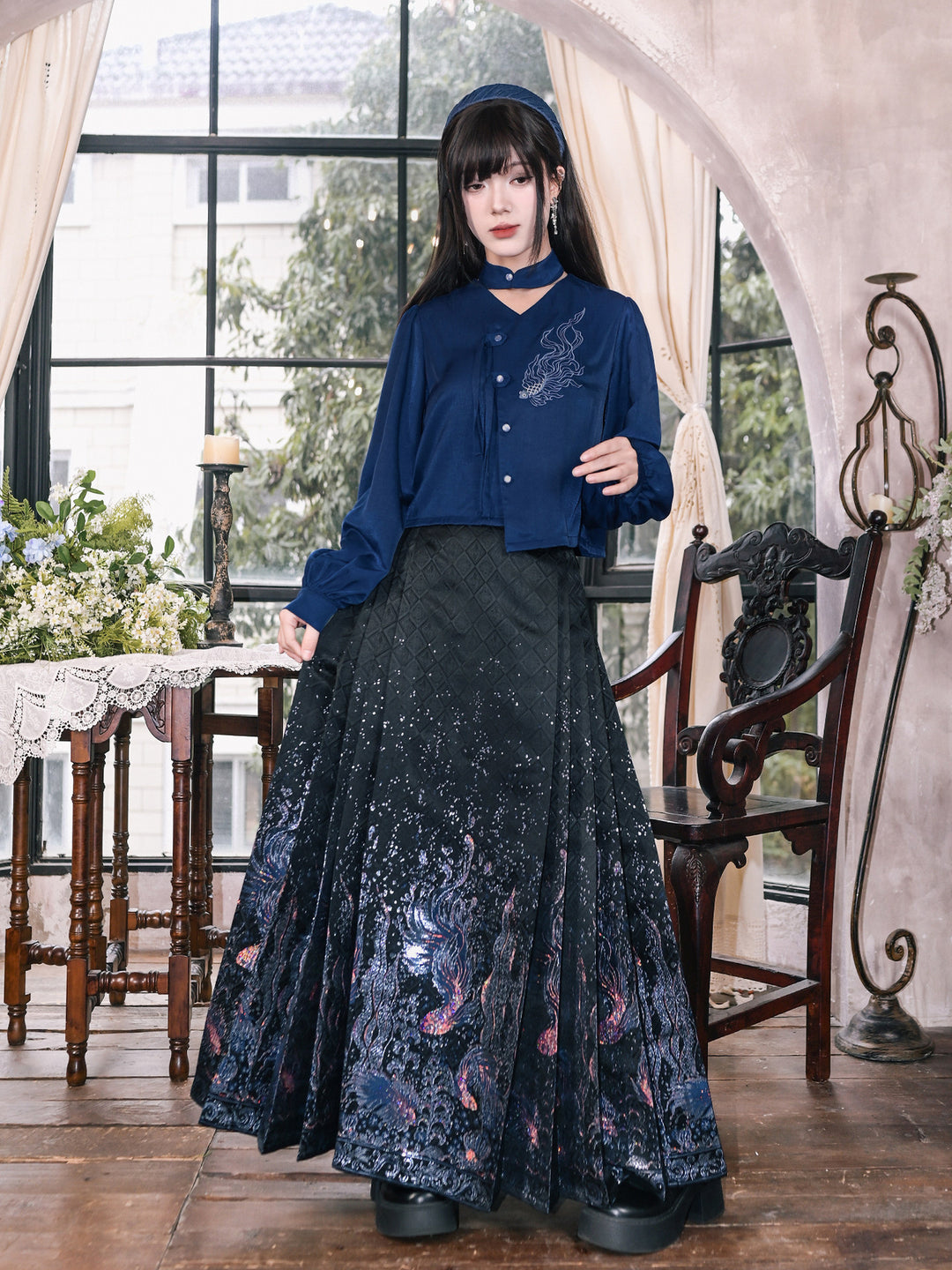 Navy Fish Embroidered Choker-Neck Shirt