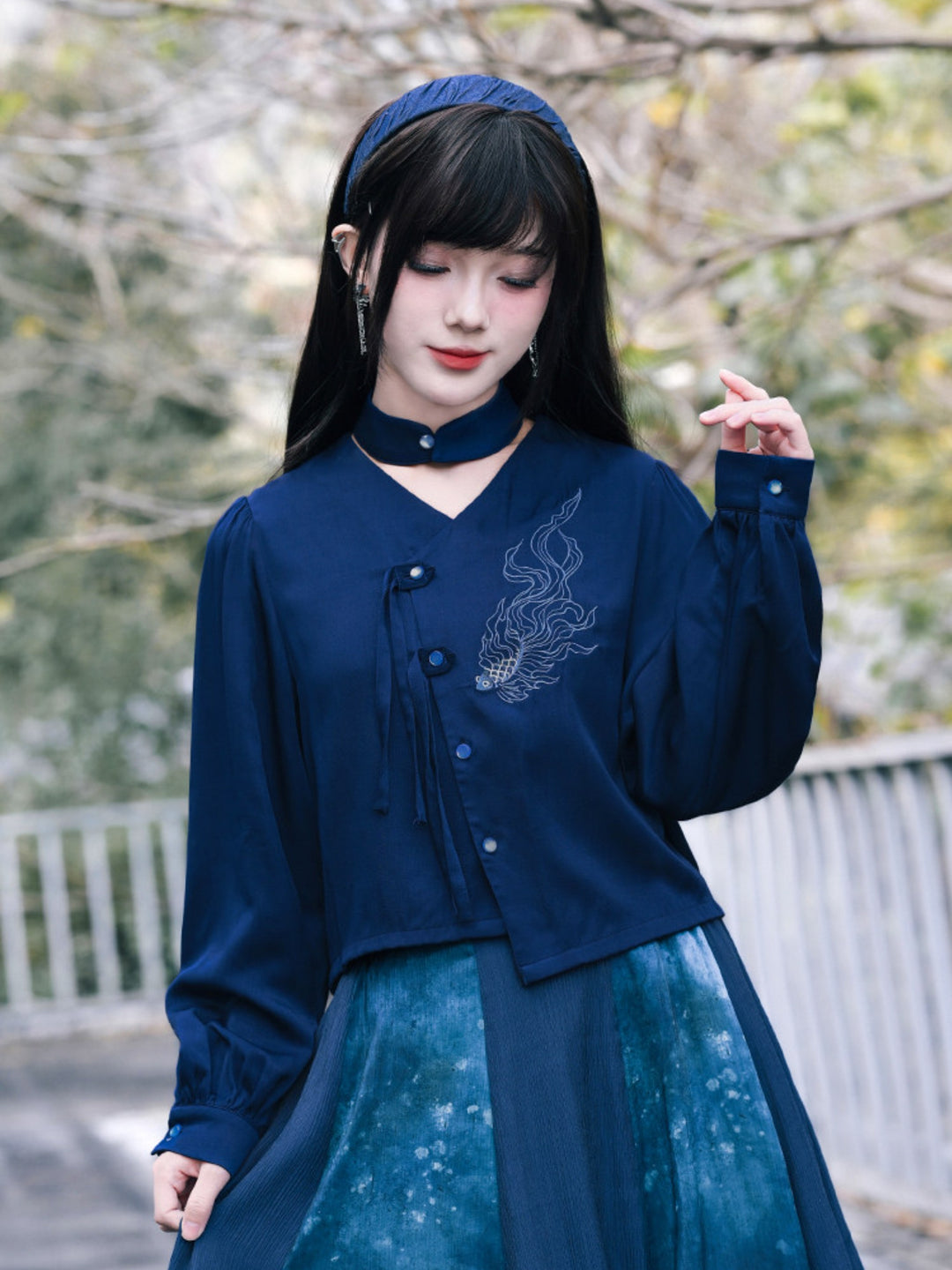 Navy Fish Embroidered Choker-Neck Shirt