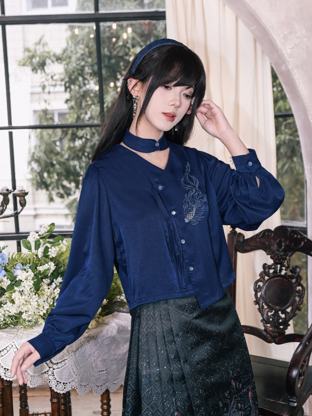 Navy Fish Embroidered Choker-Neck Shirt