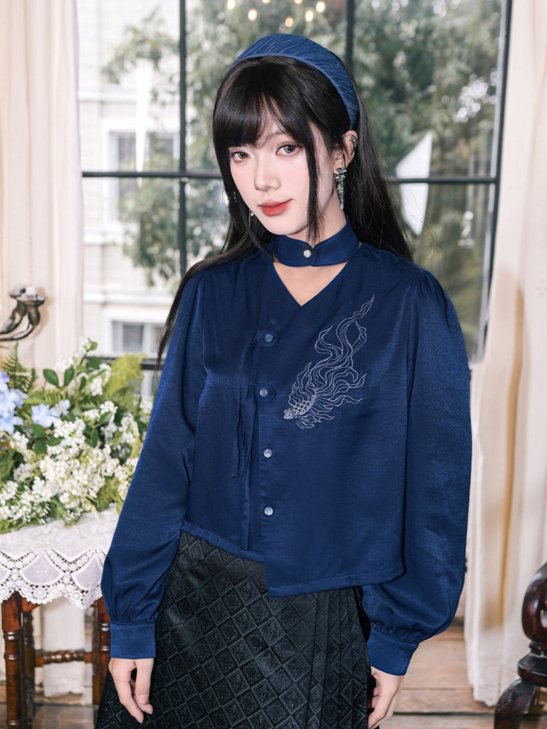 Navy Fish Embroidered Choker-Neck Shirt