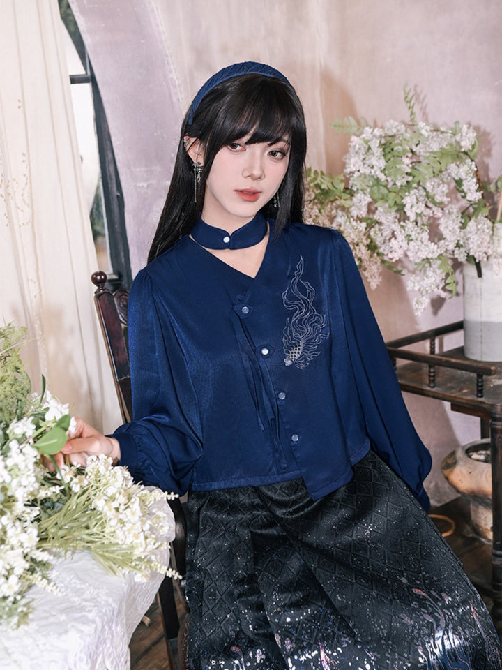 Navy Fish Embroidered Choker-Neck Shirt