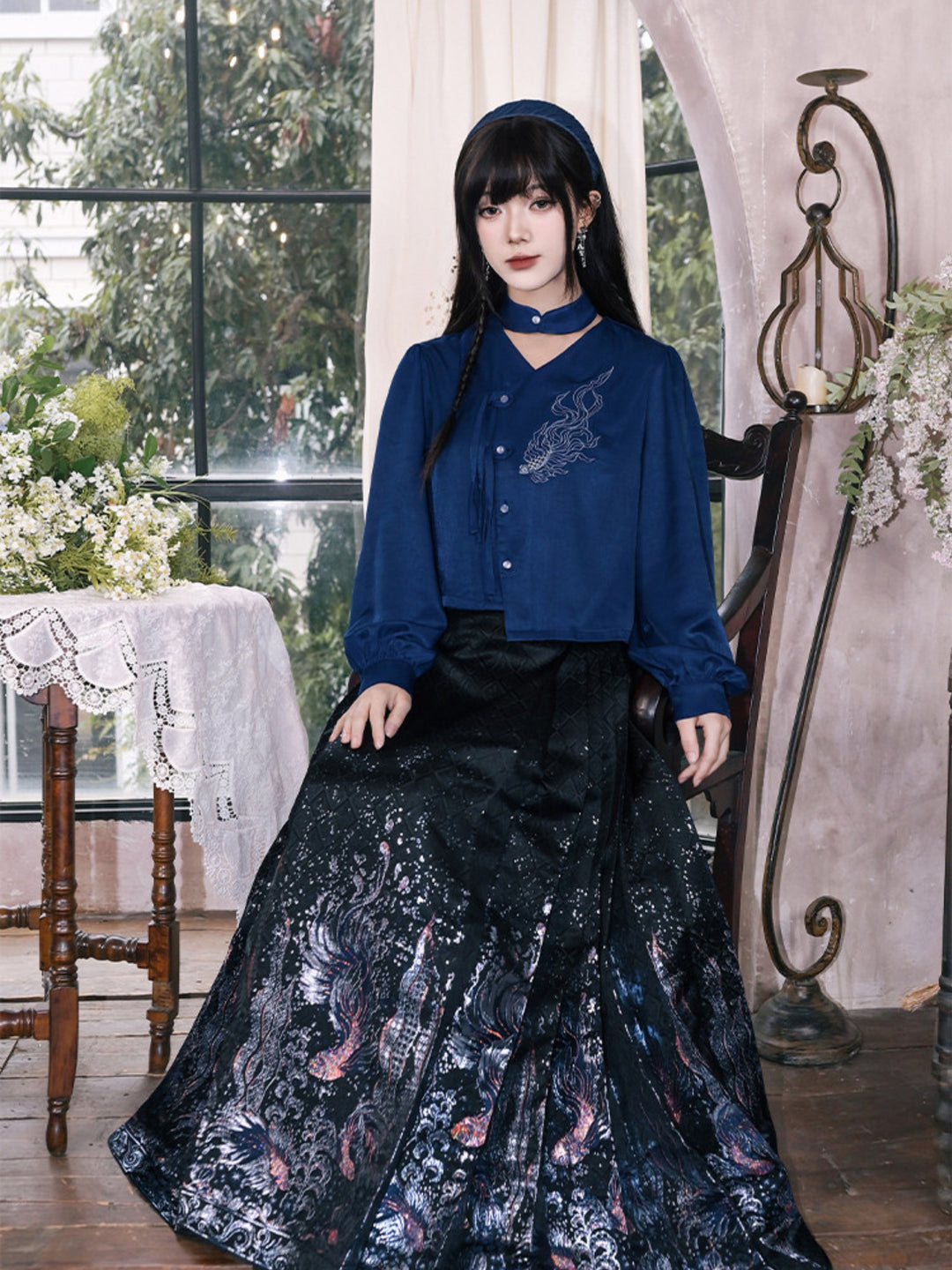 Navy Fish Embroidered Choker-Neck Shirt