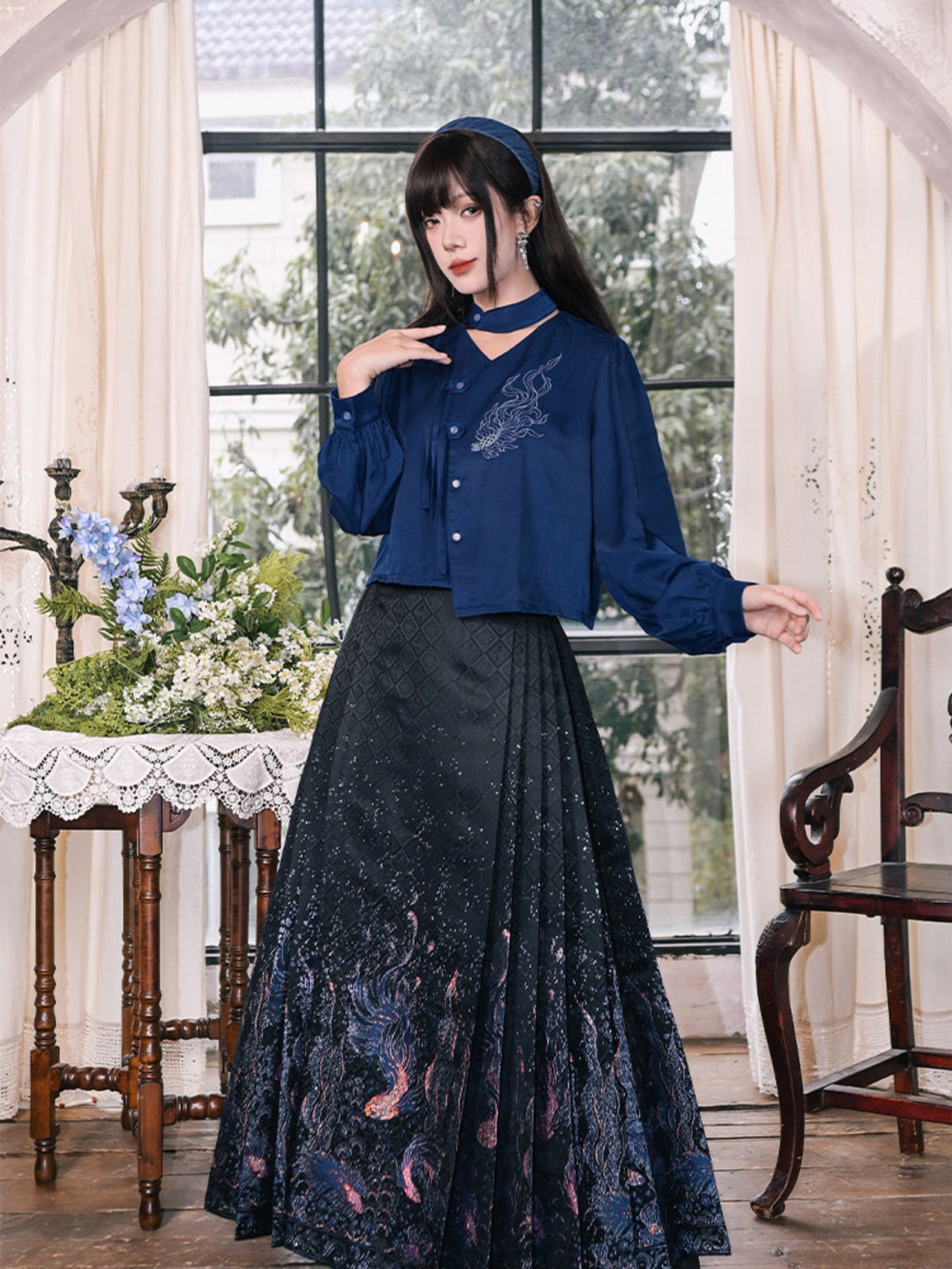 Navy Fish Embroidered Choker-Neck Shirt